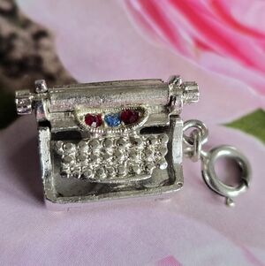 Vintage charm typewriter silver tone red blue gems author writer writing